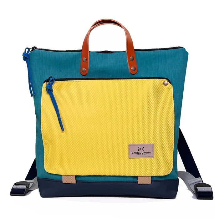 Mochila Book Holder Cuadrada Impermeable con bolsillo extra Daniel Chong - Turquesa con bolsillo amarillo