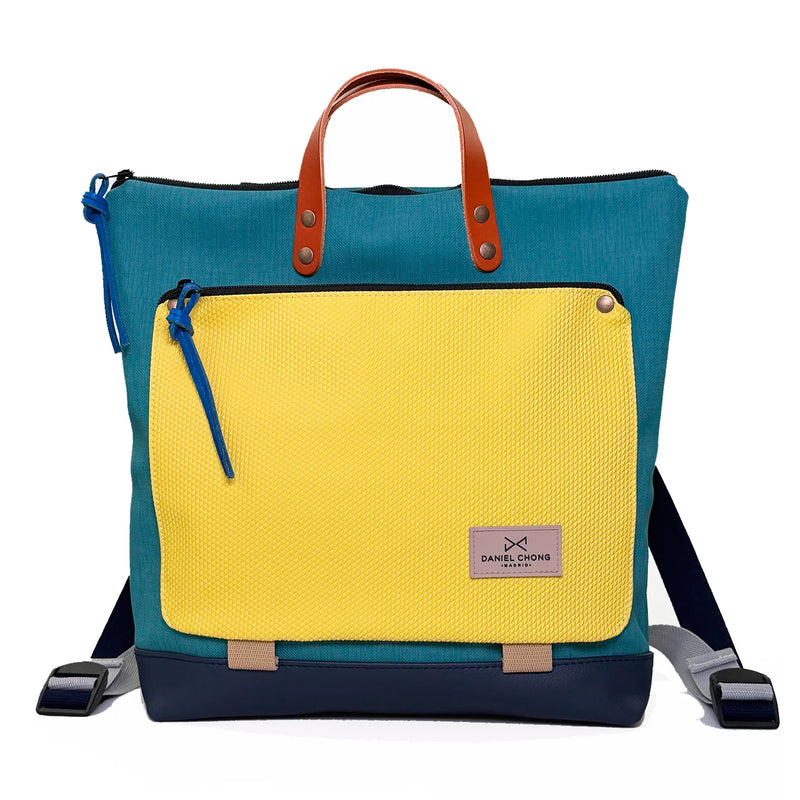 Mochila Book Holder Cuadrada Impermeable con bolsillo extra Daniel Chong - Turquesa con bolsillo amarillo