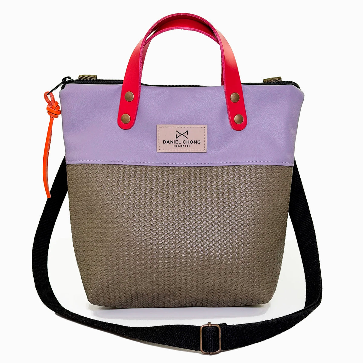 Bandolera mini impermeable con asas Daniel Chong - Asas fucsia cuerpo lila y gris