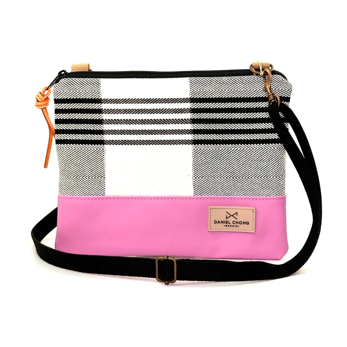Bandolera mini cuadrada loneta Daniel Chong - Rayas con base rosa