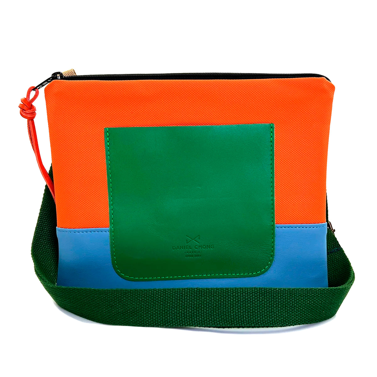Bandolera mini impermeable con bolsillo Daniel Chong - Naranja y azul con bolsillo verde