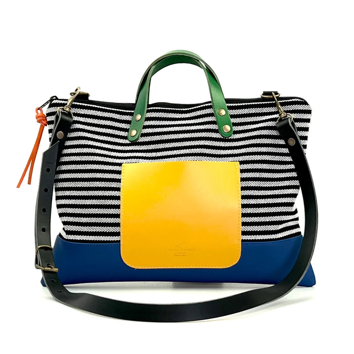 Bandolera Slim Loneta Daniel Chong - Rayas con bolsillo amarillo y base azul