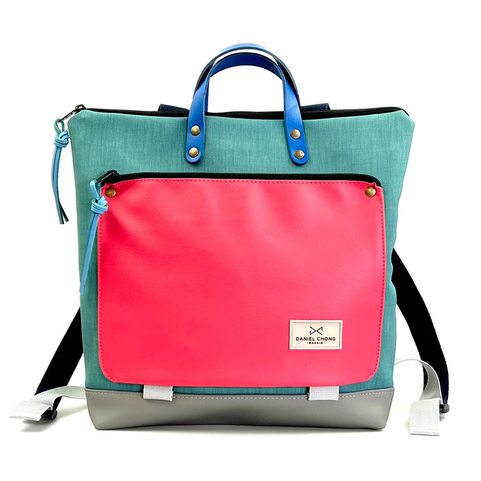 Mochila Book Holder Cuadrada Impermeable con bolsillo extra Daniel Chong - Turquesa con bolsillo fucsia