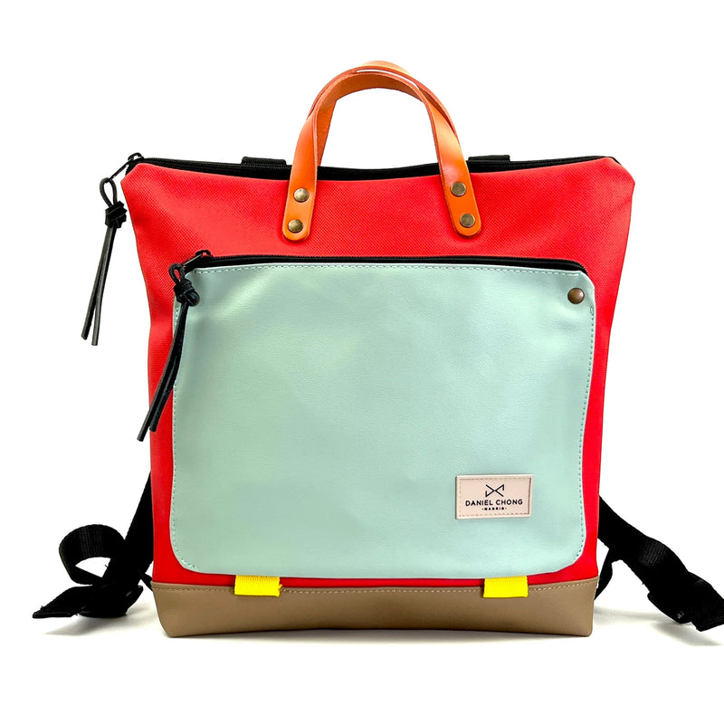 Mochila Book Holder Cuadrada Impermeable con bolsillo extra Daniel Chong - Roja con bolsillo menta