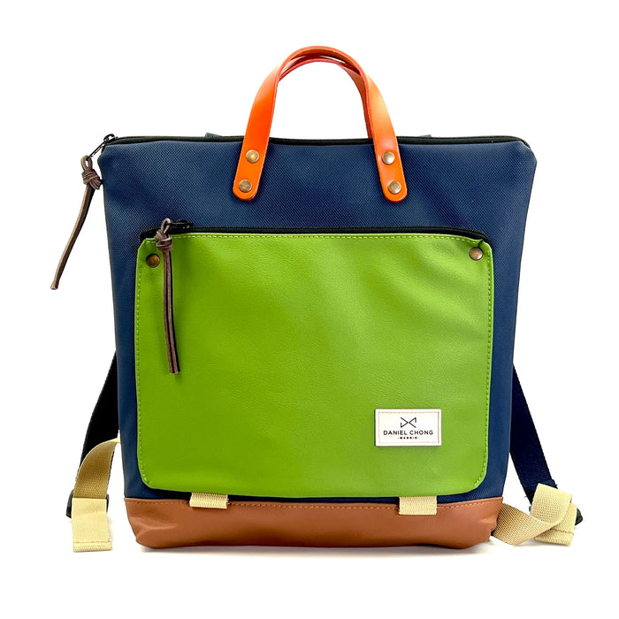 Mochila Book Holder Cuadrada Impermeable con bolsillo extra Daniel Chong - Azul con bolsillo verde