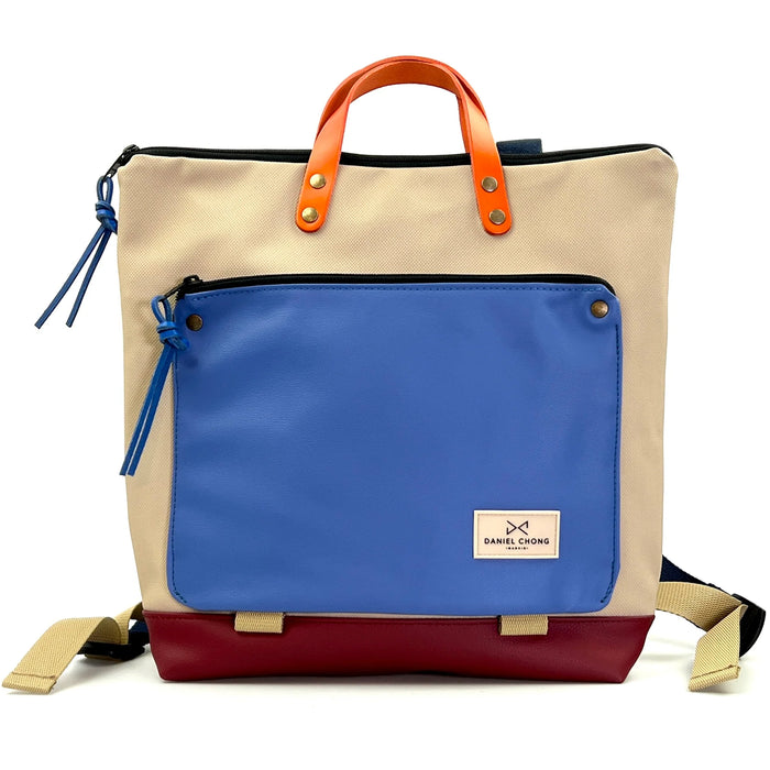 Mochila Book Holder Cuadrada Impermeable con bolsillo extra Daniel Chong - Beige con bolsillo azul