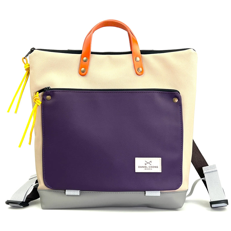 Mochila Book Holder Cuadrada Impermeable con bolsillo extra Daniel Chong - Beige con bolsillo violeta
