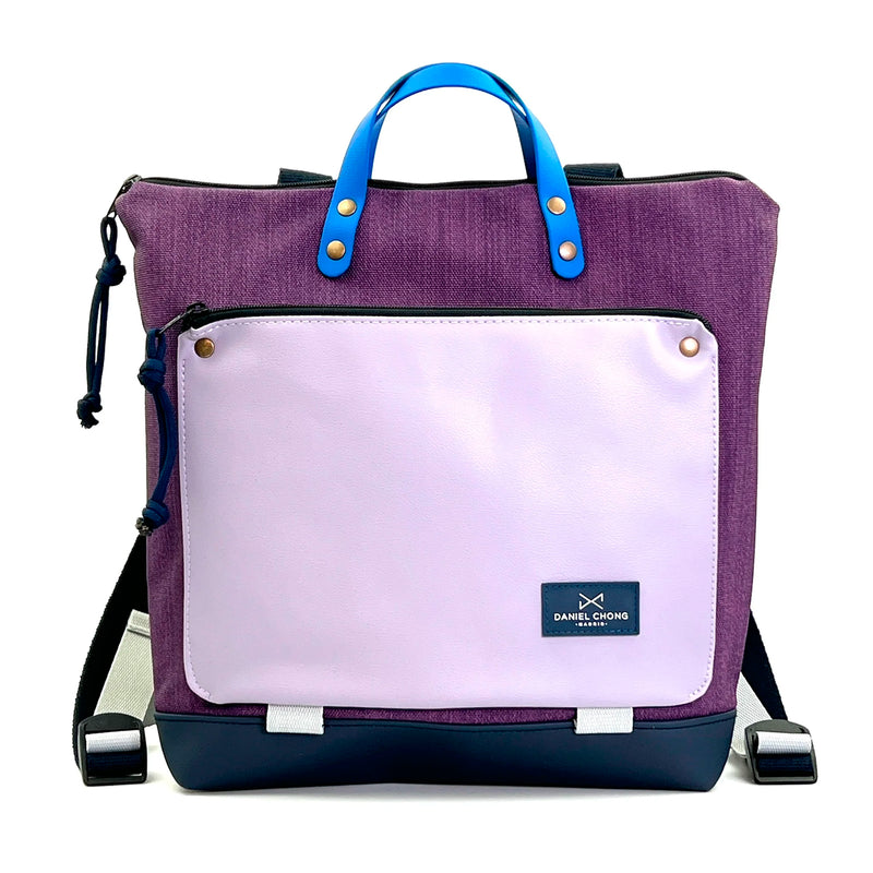 Mochila Book Holder Cuadrada Vegana Impermeable con bolsillo extra Daniel Chong - Violeta con bolsillo lila