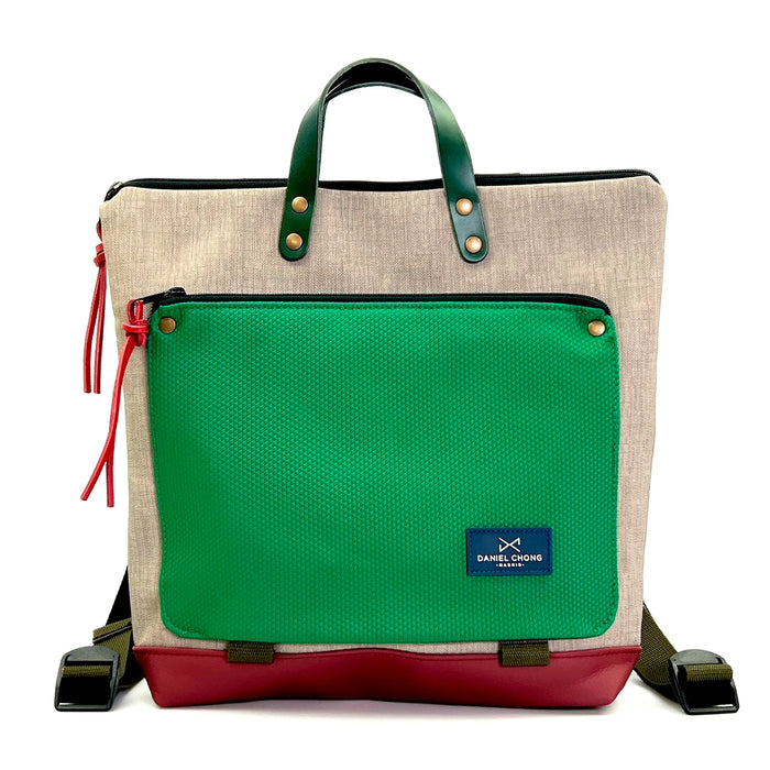 Mochila Book Holder Cuadrada Impermeable con bolsillo extra Daniel Chong - Gris con bolsillo verde