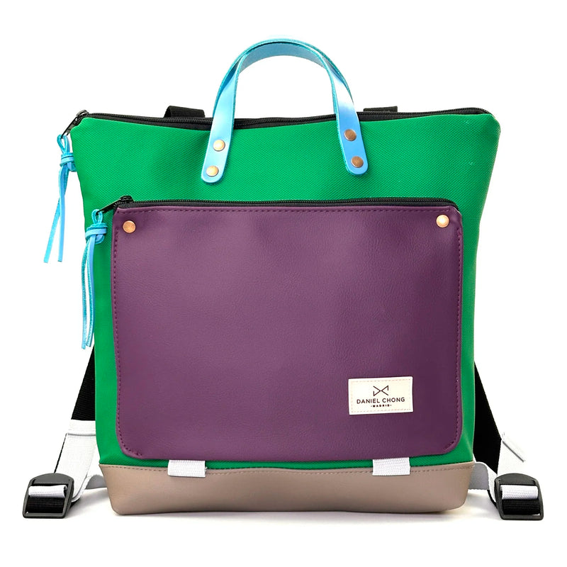 Mochila Book Holder Cuadrada Impermeable con bolsillo extra Daniel Chong - Verde con bolsillo violeta