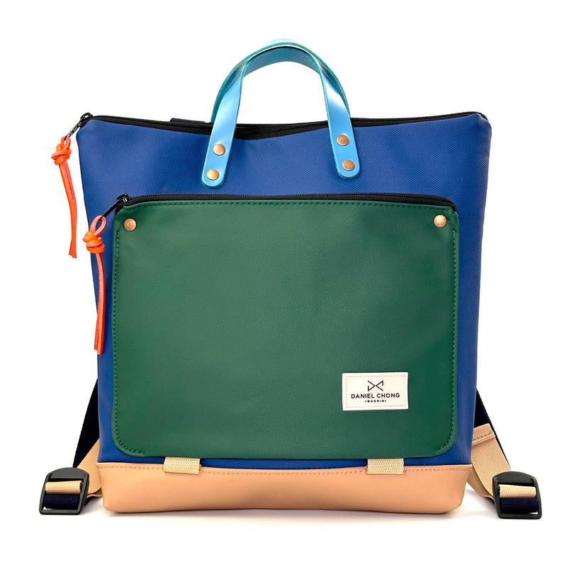 Mochila Book Holder Cuadrada Impermeable con bolsillo extra Daniel Chong - Azul con bolsillo verde