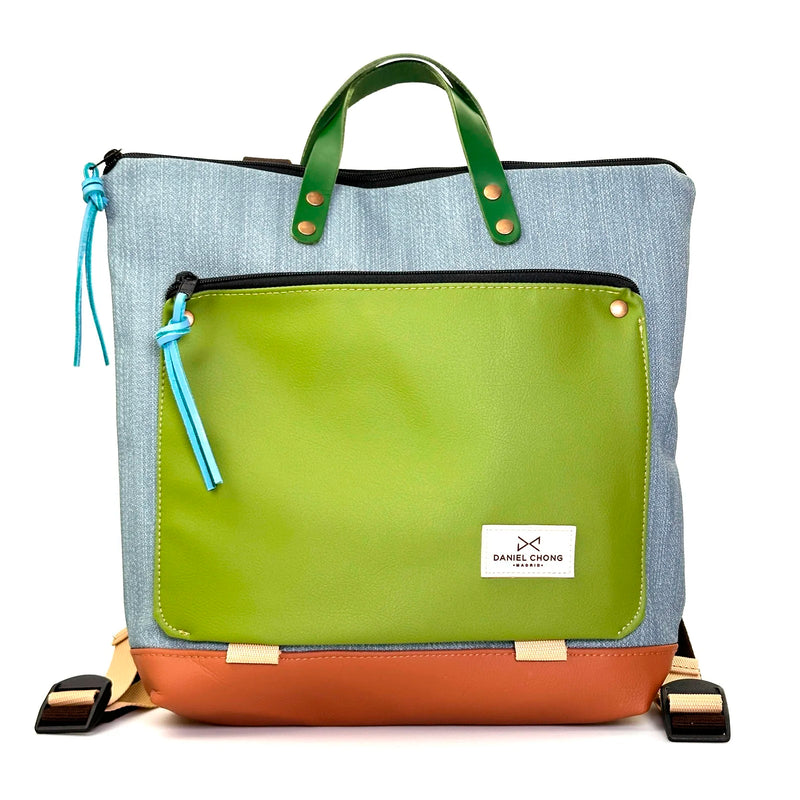 Mochila Book Holder Cuadrada Impermeable con bolsillo extra Daniel Chong - Azul con bolsillo verde