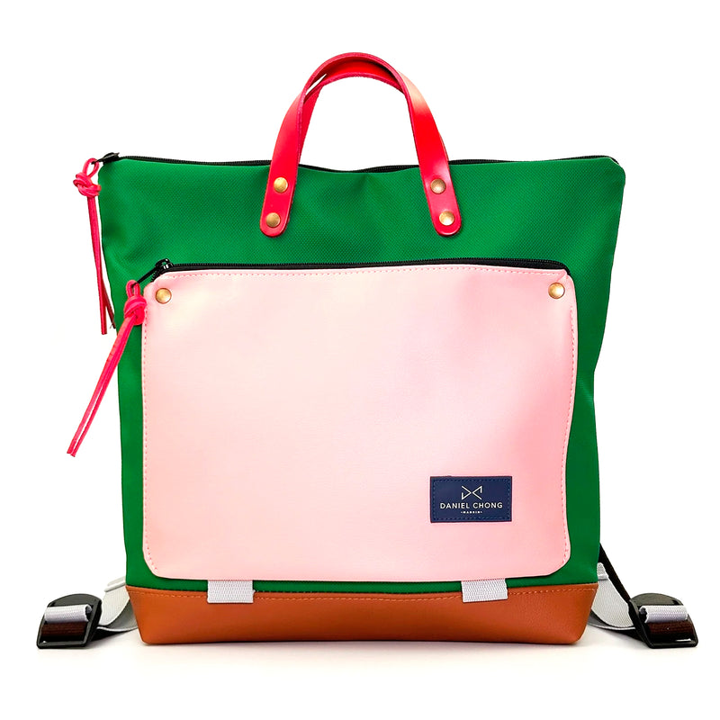 Mochila Book Holder Cuadrada Impermeable con bolsillo extra Daniel Chong - Verde con bolsillo rosa