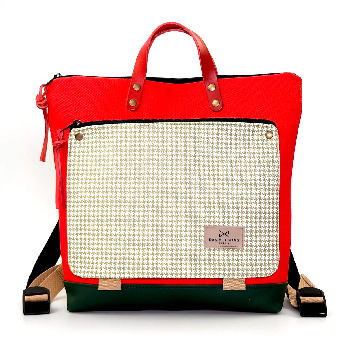 Mochila Book Holder Cuadrada Impermeable con bolsillo extra Daniel Chong - Rojo y bolsillo pata de gallo