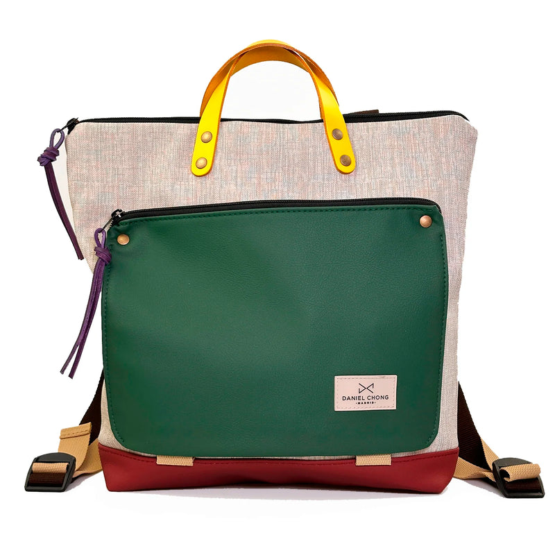 Mochila Book Holder Cuadrada Impermeable con bolsillo extra Daniel Chong - Gris con bolsillo verde