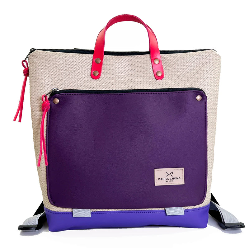 Mochila Book Holder Cuadrada Impermeable con bolsillo extra Daniel Chong - Beige con bolsillo violeta