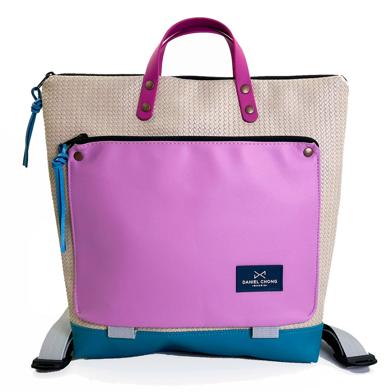 Mochila Book Holder Cuadrada Impermeable con bolsillo extra Daniel Chong - Beige con bolsillo lila