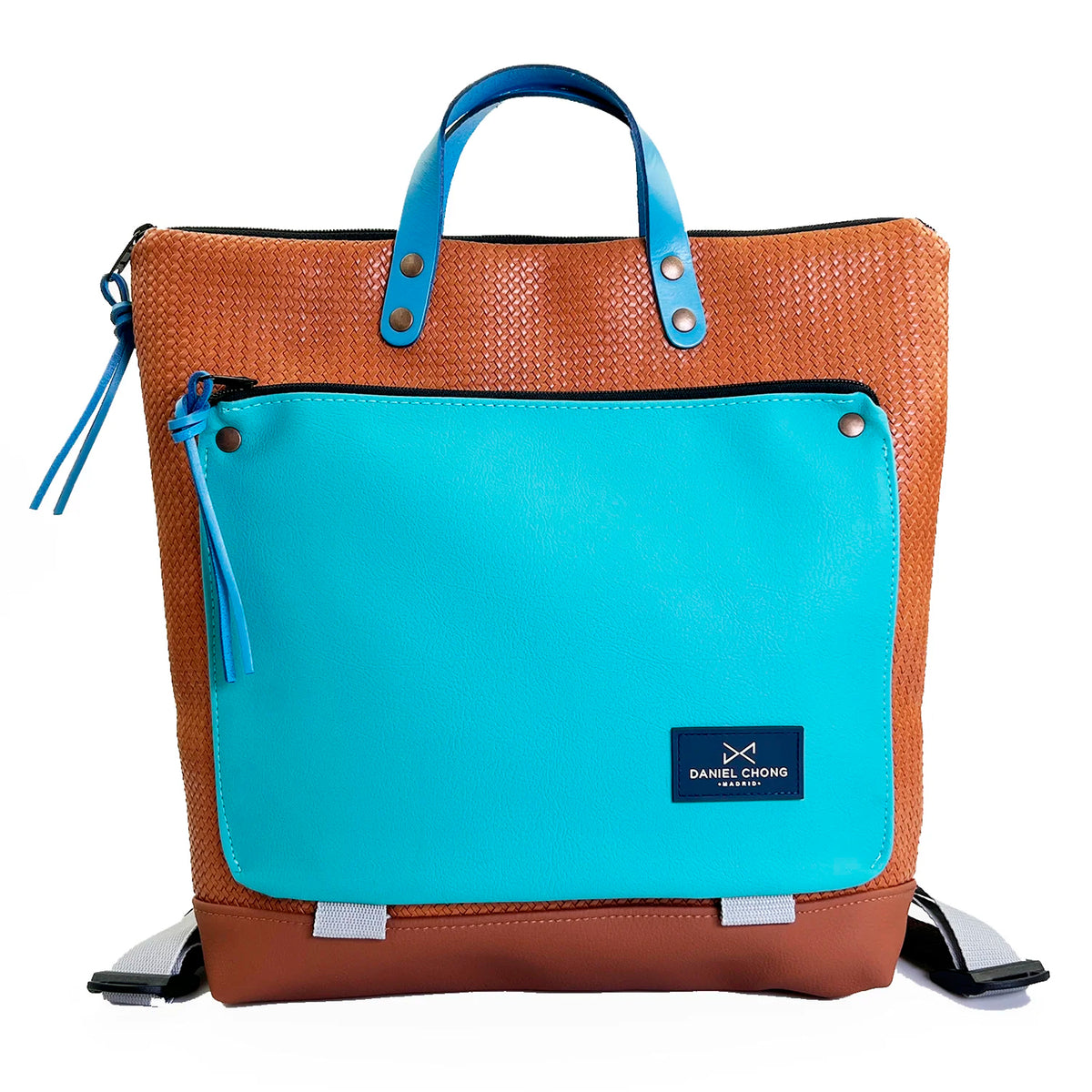 Mochila Book Holder Cuadrada Impermeable con bolsillo extra Daniel Chong - Marrón con bolsillo azul