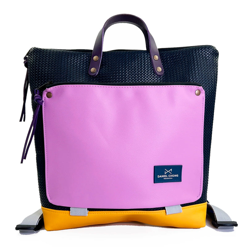 Mochila Book Holder Cuadrada Impermeable con bolsillo extra Daniel Chong - Negro con bolsillo lila