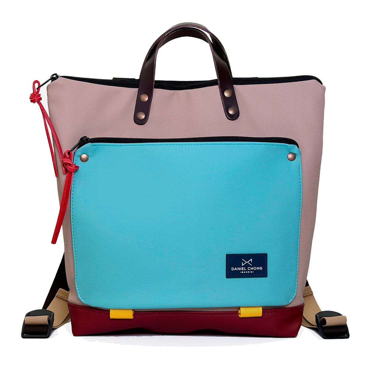 Mochila Book Holder Cuadrada Impermeable con bolsillo extra Daniel Chong - Beige con bolsillo azul