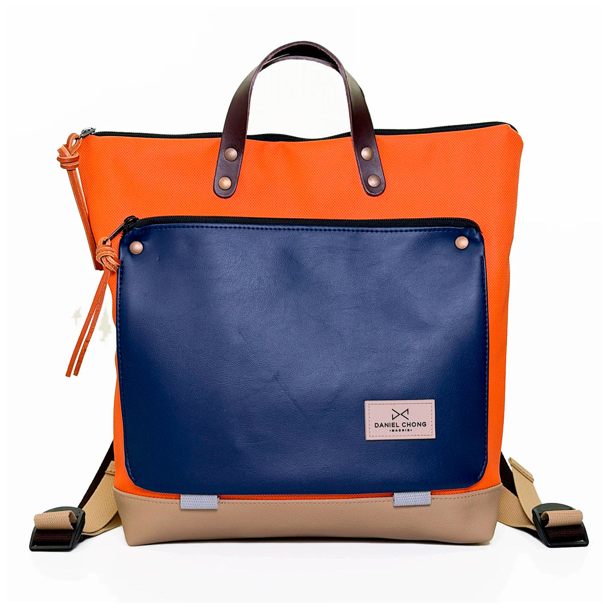 Mochila Book Holder Cuadrada Impermeable con bolsillo extra Daniel Chong - Naranja con bolsillo azul