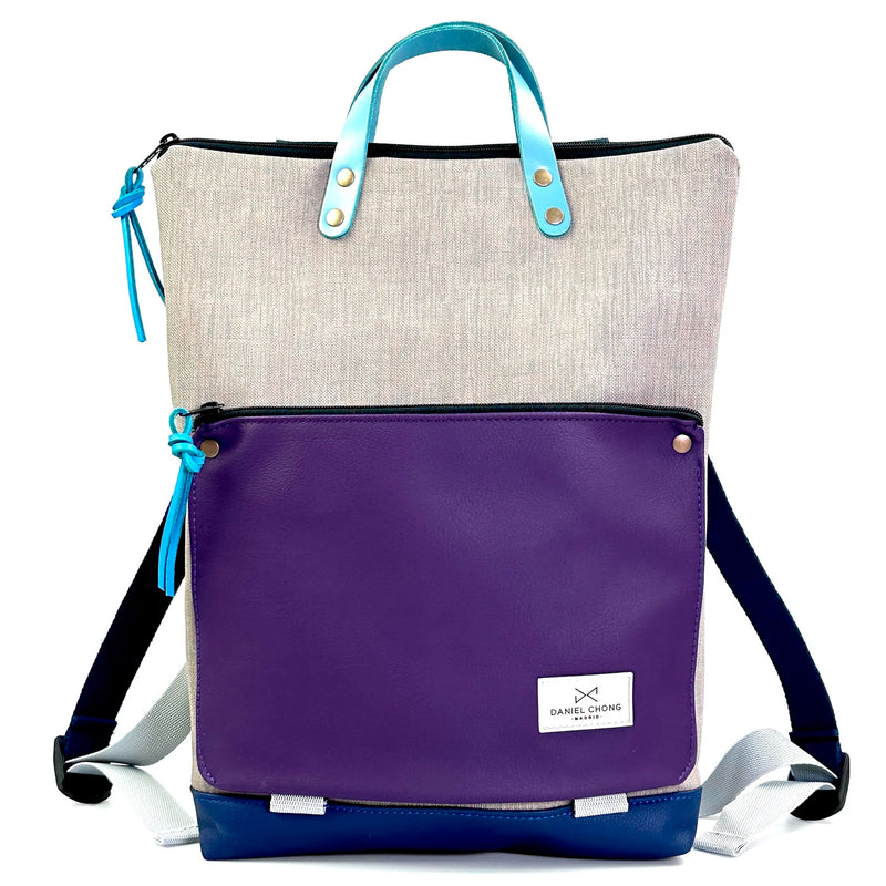 Mochila Book Holder Impermeable con bolsillo extra Daniel Chong - Gris con bolsillo violeta