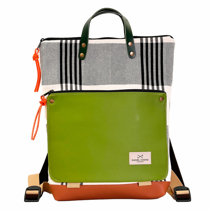 Mochila Book Holder Loneta Daniel Chong - Rayas con bolsillo verde