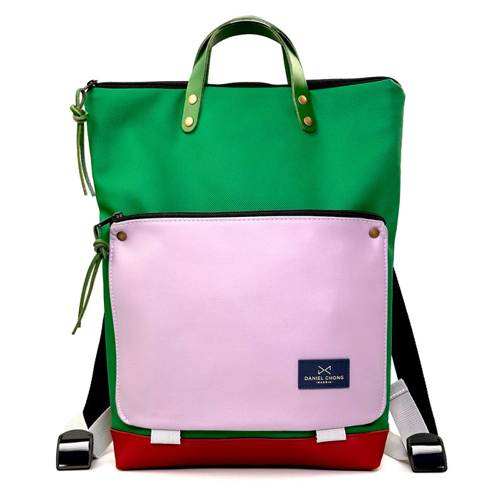 Mochila Book Holder Impermeable con bolsillo extra Daniel Chong - Verde con bolsillo lila