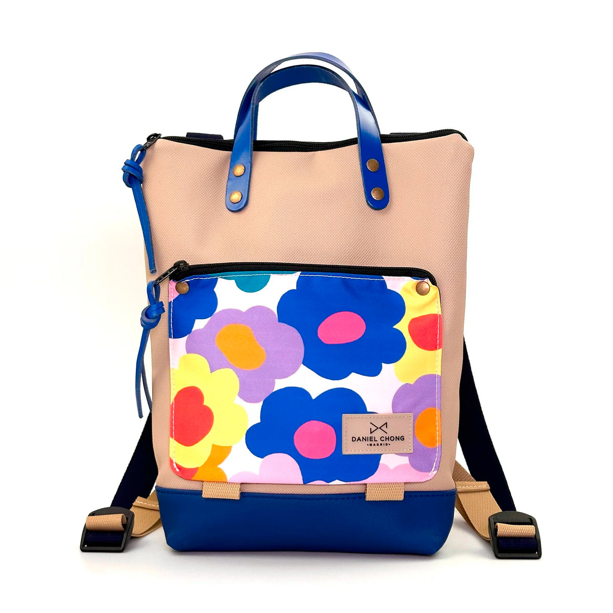 Mochila Mini Book Holder Impermeable con bolsillo extra Daniel Chong - Beige con bolsillo flowers