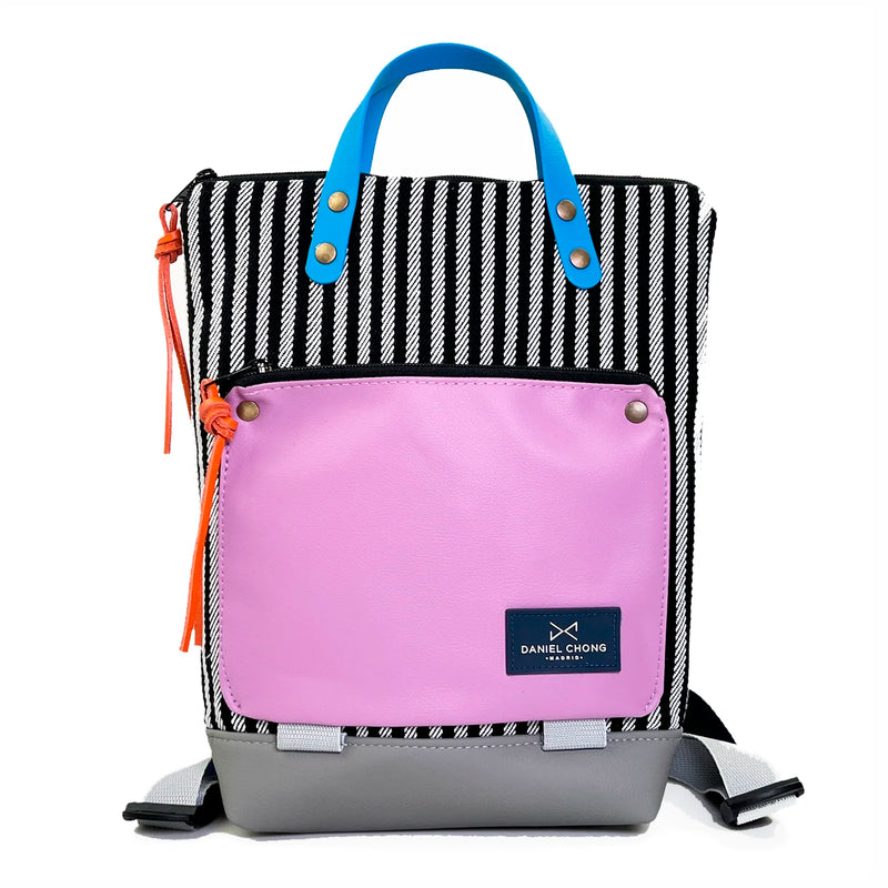Mochila Mini Book Holder Loneta Daniel Chong - Rayas con bolsillo lila