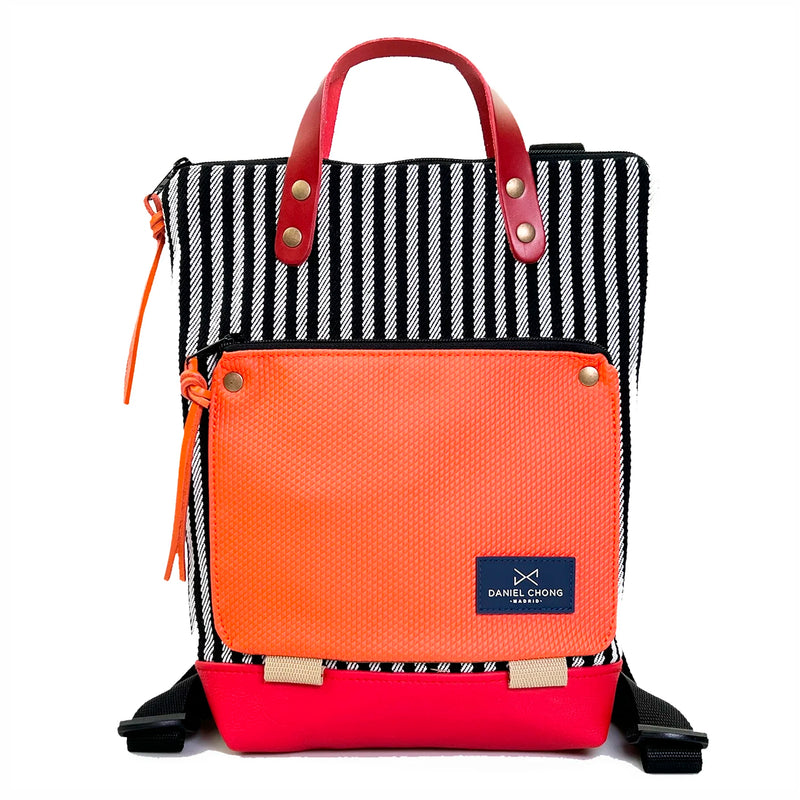 Mochila Mini Book Holder Loneta Daniel Chong - Rayas con bolsillo naranja