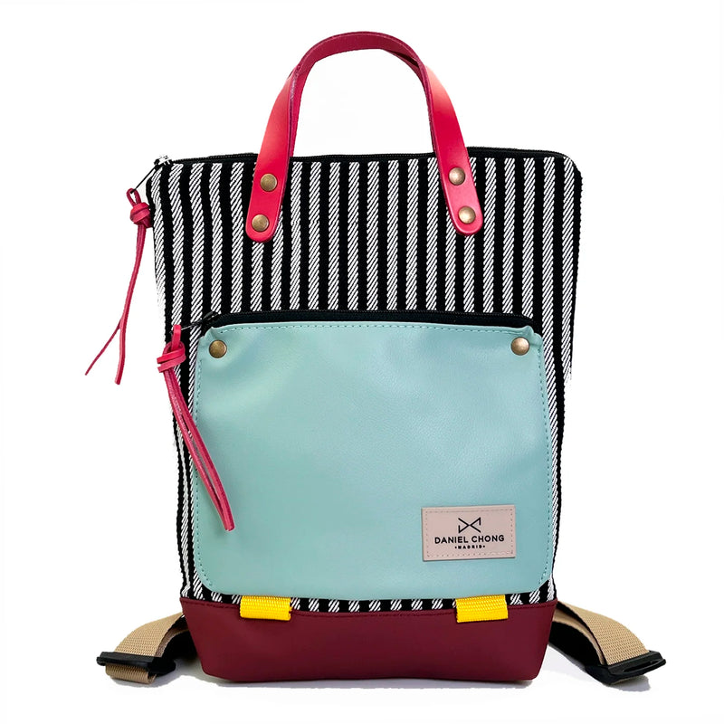 Mochila Mini Book Holder Loneta Daniel Chong - Rayas con bolsillo menta