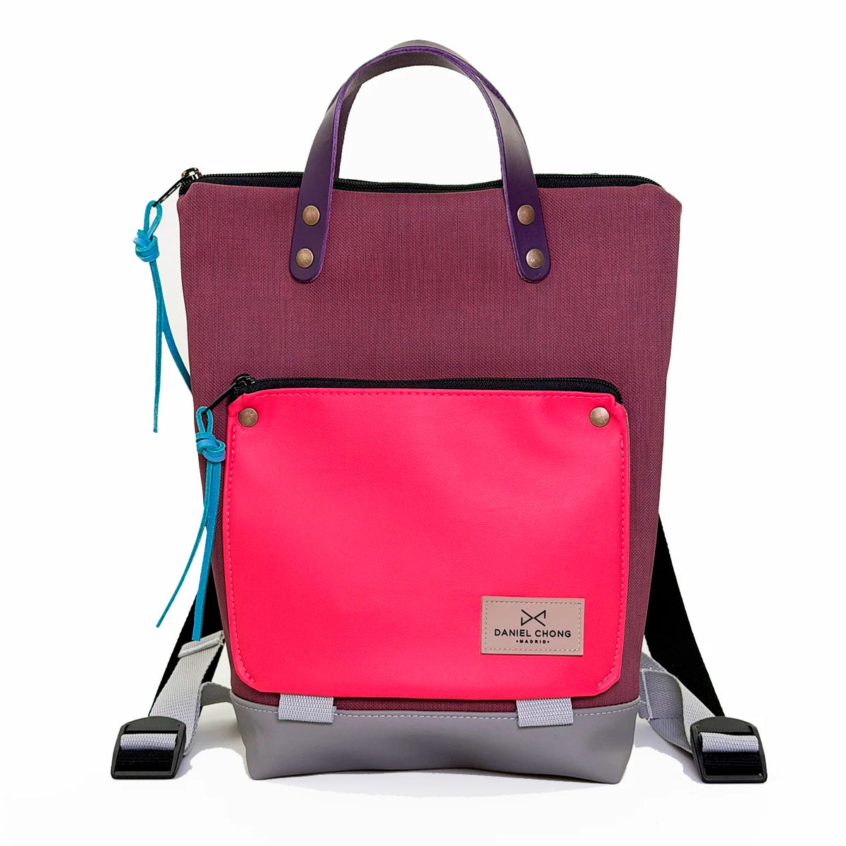 Mochila Mini Book Holder Impermeable con bolsillo extra Daniel Chong - Color vino con bolsillo fucsia