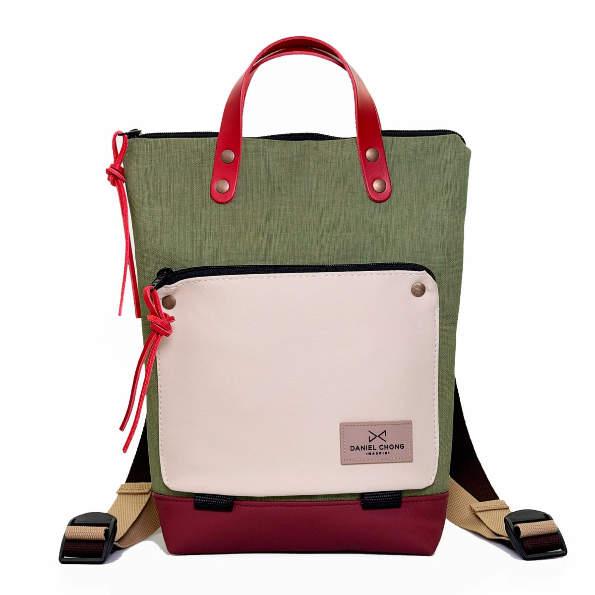 Mochila Mini Book Holder Impermeable con bolsillo extra Daniel Chong - Verde con bolsillo beige