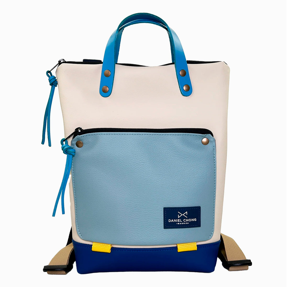 Mochila Mini Book Holder Impermeable con bolsillo extra Daniel Chong - Beige con bolsillo azul cielo