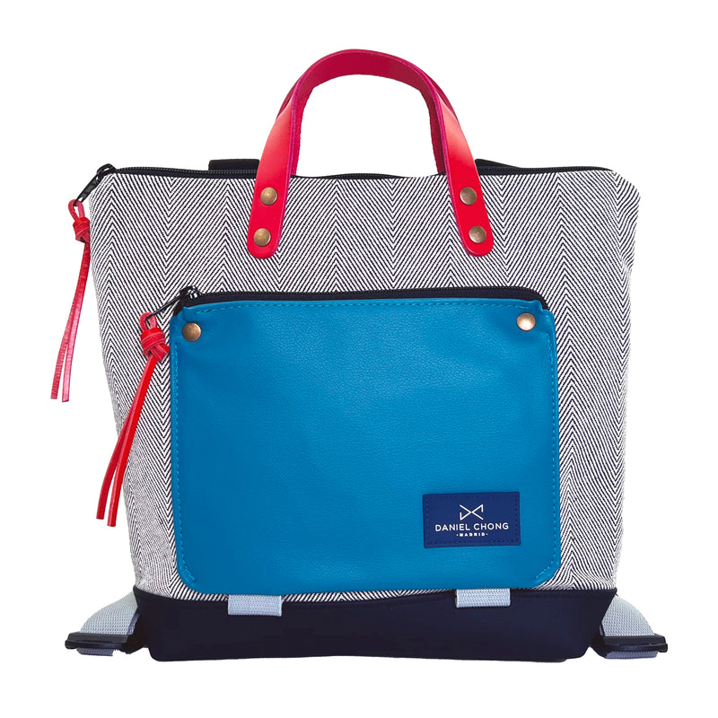 Mochila Mini Book Holder Cuadrada Loneta con bolsillo extra Daniel Chong - Espiga con bolsillo azul