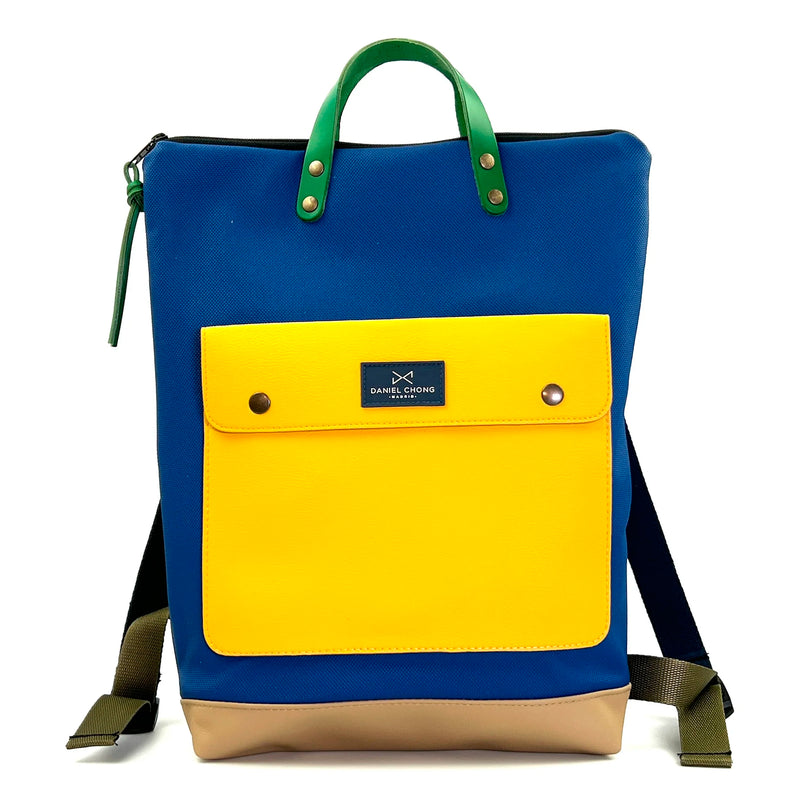 Mochila Slim Solapa Impermeable con bolsillo extra Daniel Chong - Azul con bolsillo amarillo