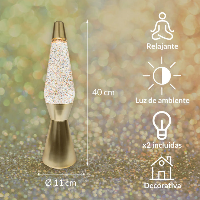 Lámpara de lava Fisura - Base dorada, líquido transparente, purpurina