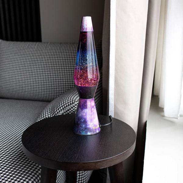 Lámpara de lava - Base galaxia, líquido morado, purpurina
