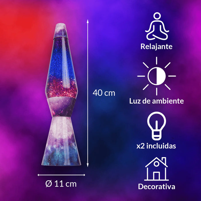 Lámpara de lava Fisura - Base galaxia, líquido morado, purpurina