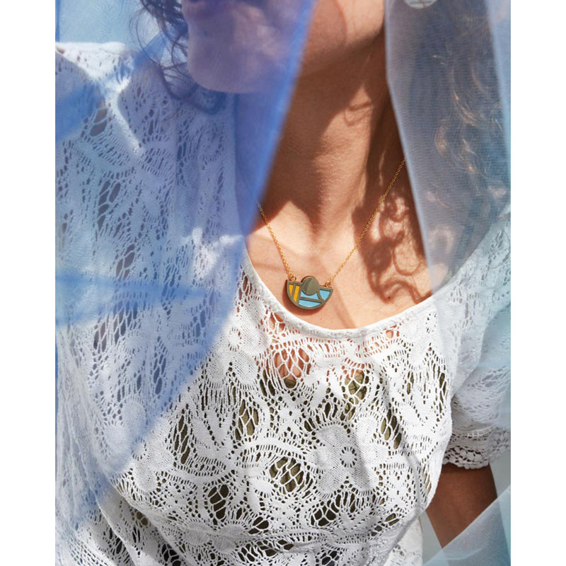 Collar - Half Circle Necklace Ash Blue and Mustard