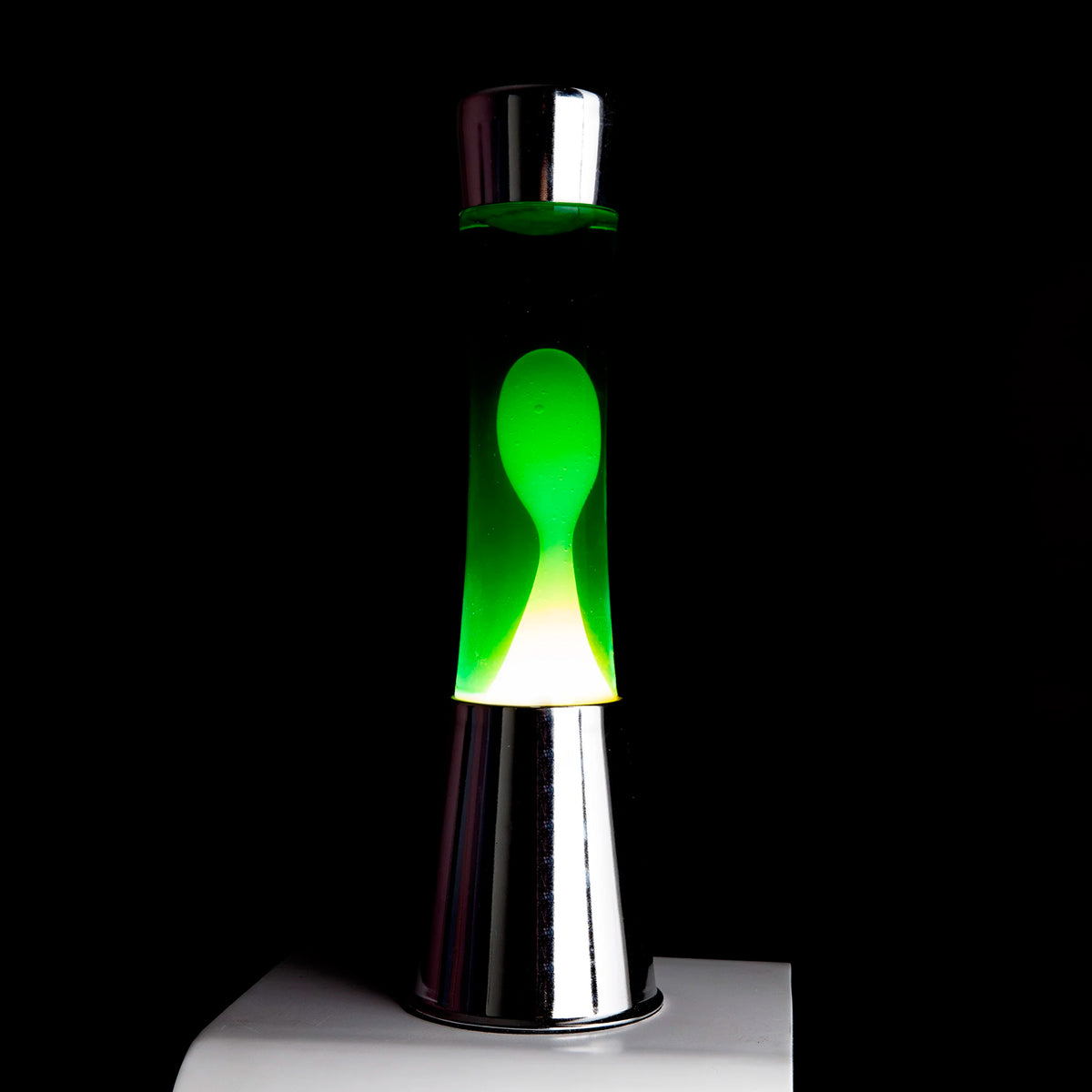 Lámpara de lava Fisura - Base cromo, líquido verde y lava amarilla