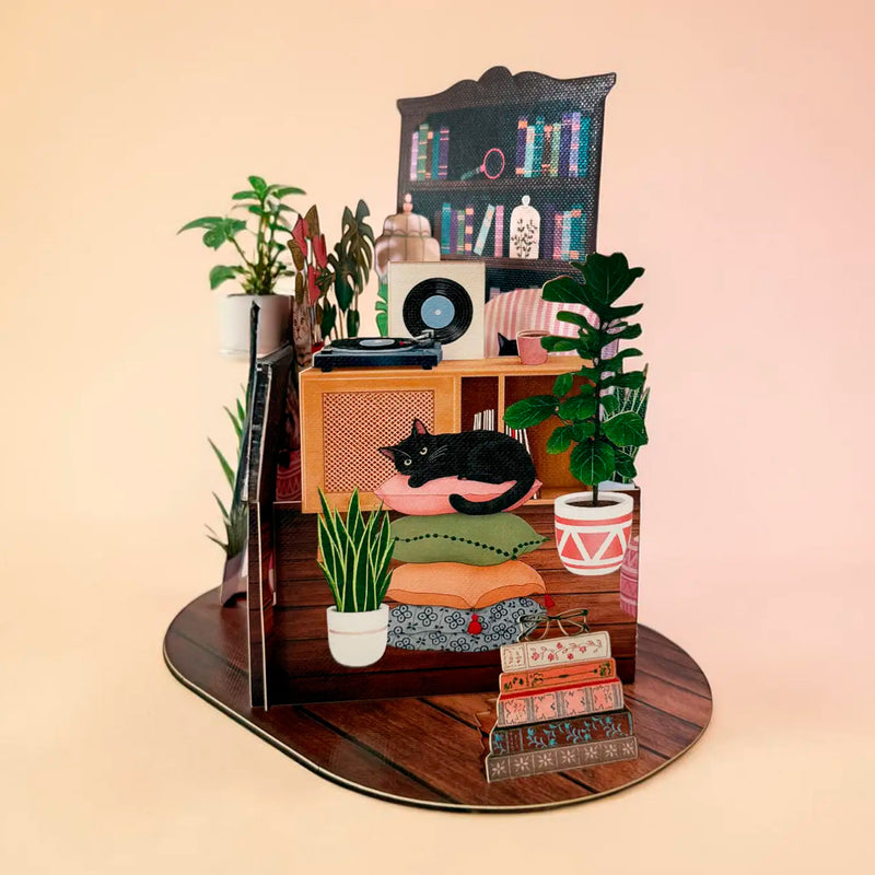 Postal 3D - Pop-up Gato Acogedor 🐱📚
