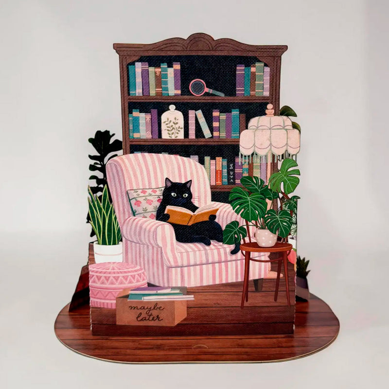 Postal 3D - Pop-up Gato Acogedor 🐱📚