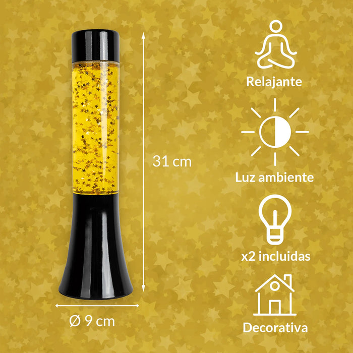 Lámpara de lava mini Fisura - Base negra, líquido amarillo y glitter de estrellas