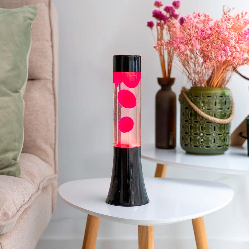 Lámpara de lava mini Fisura - Base negra, líquido transparente y lava rosa
