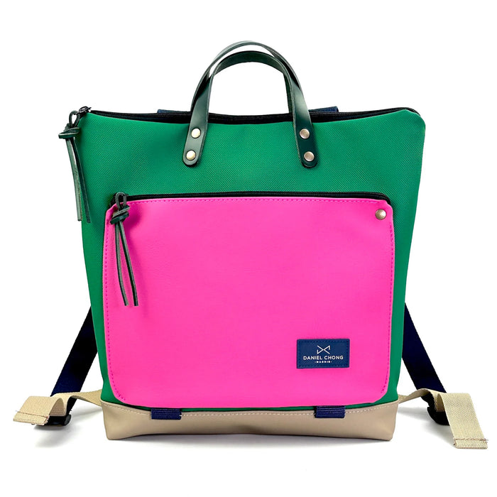 Mochila Book Holder Cuadrada Impermeable con bolsillo extra Daniel Chong - Verde con bolsillo fucsia