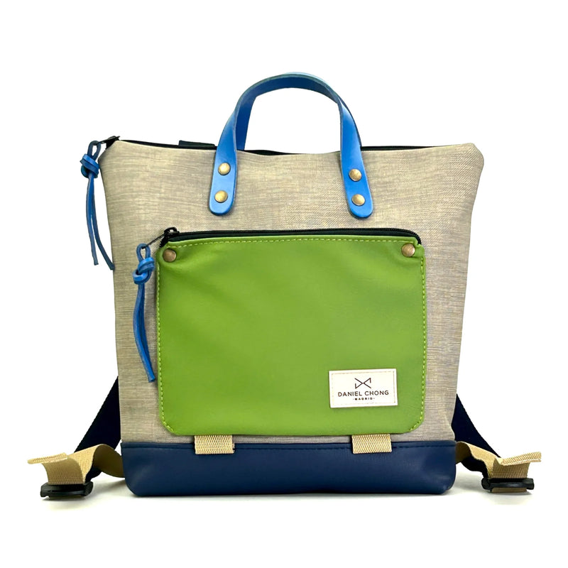 Mochila Mini Book Holder Cuadrada Impermeable con bolsillo extra Daniel Chong - Gris con bolsillo verde