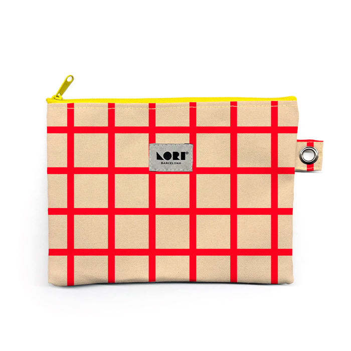 Estuche Grande Lori Barcelona - Windowpane Beige y Rojo