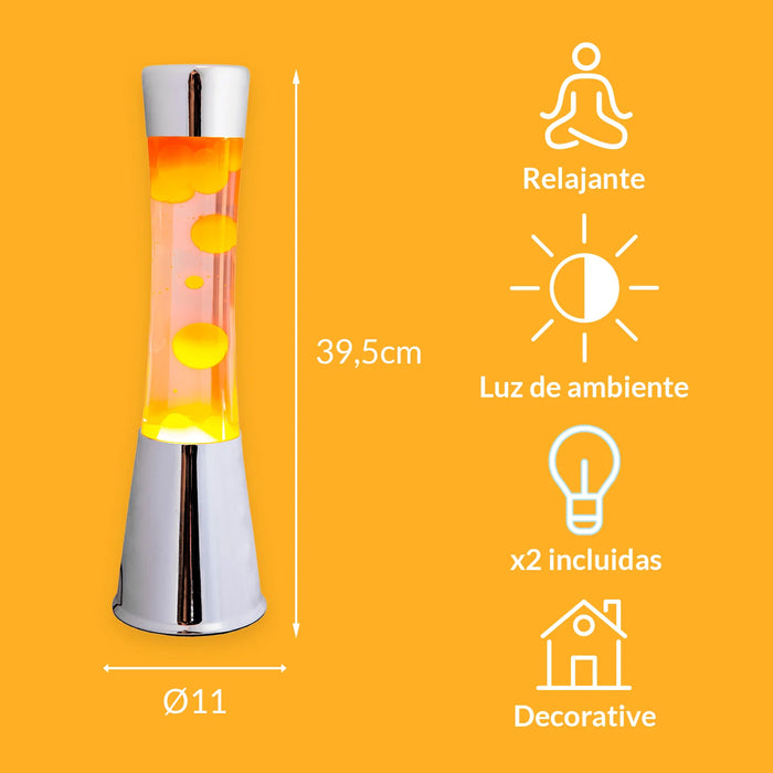 Lámpara de lava Fisura - Base cromo, liquido transparente, lava naranja